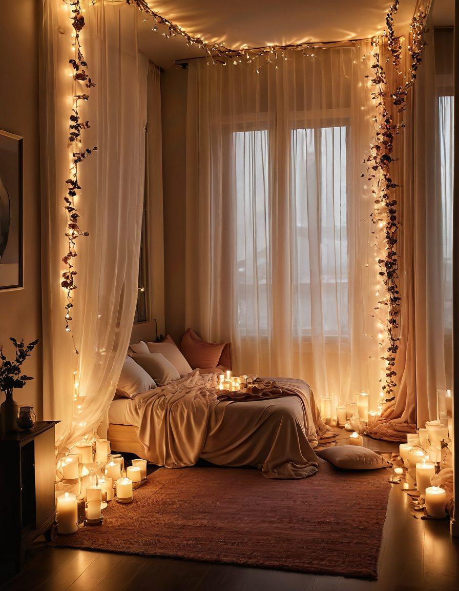 A captivating scene depicting a candlelit room filled with soft fabrics and silhouettes of two figures expressing intimacy, surrounded by rose petals and shimmering fairy lights. The ambiance should exude warmth and passion, creating an inviting atmosphere that suggests a deep connection. Include elements of sensual art such as abstract shapes and fluid lines. soft-focused, warm tones, romantic aesthetic.
