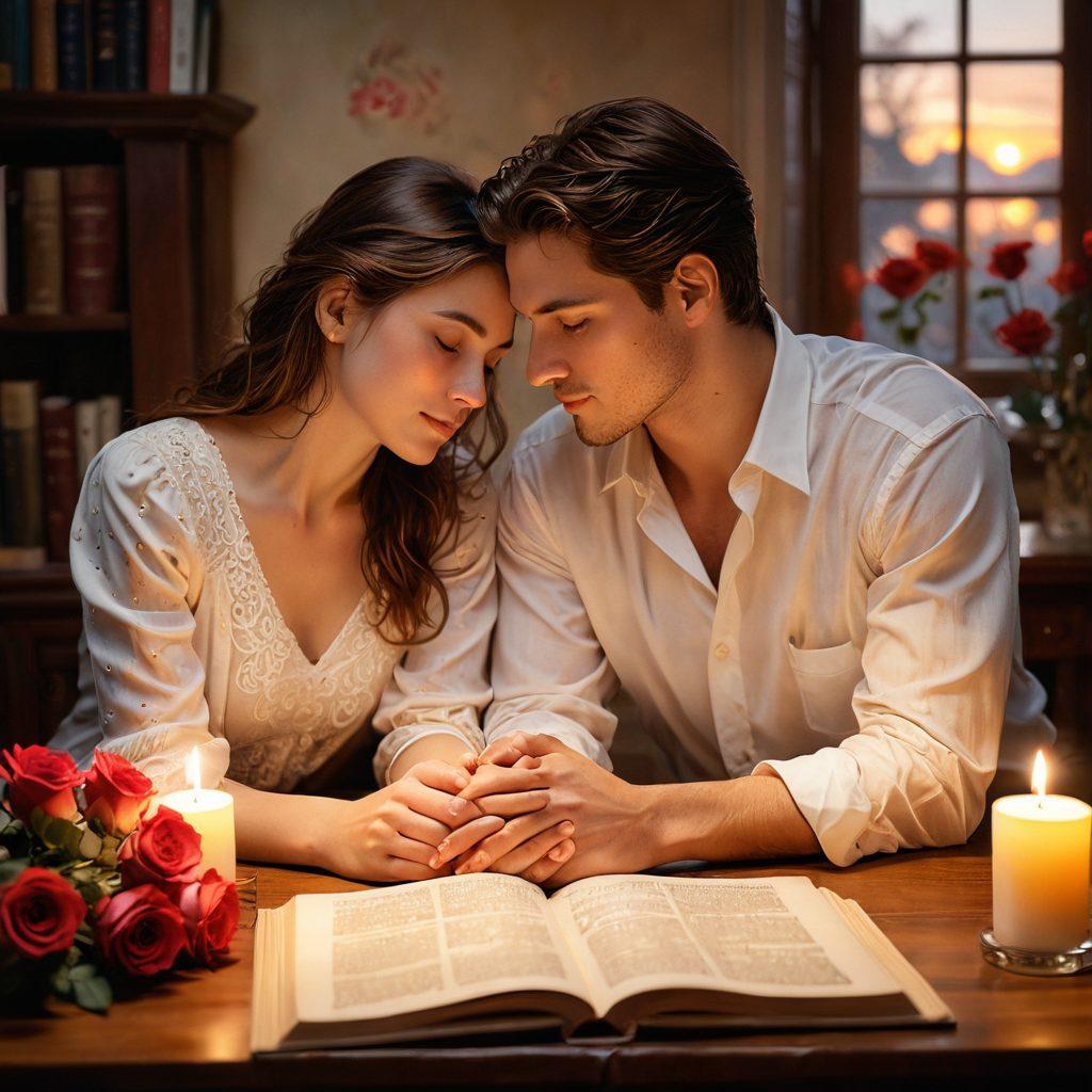 A heartfelt scene depicting a couple sharing an intimate moment, surrounded by soft, warm lighting. The background features a blend of romantic imagery like roses and hearts, intertwined with symbols of raw connection like open books and entwined hands. Captivate the essence of love stories transitioning into deeper, more honest connections, illustrating both romance and vulnerability. Create a dreamy atmosphere with a slightly blurred focus, emphasizing the emotional depth of the portrayal. painting. vibrant colors.