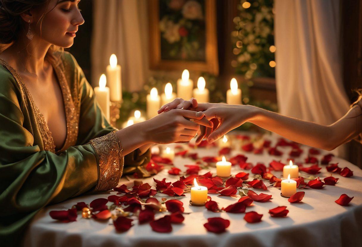 A serene, romantic setting featuring a couple gently holding hands, surrounded by soft, glowing candlelight and delicate rose petals. The ambiance should evoke warmth and intimacy, with sensual elements like flowing fabrics and a backdrop of a starry night sky. The colors should be rich and inviting, enhancing the feeling of passion and connection. vibrant colors. super-realistic. warm lighting.